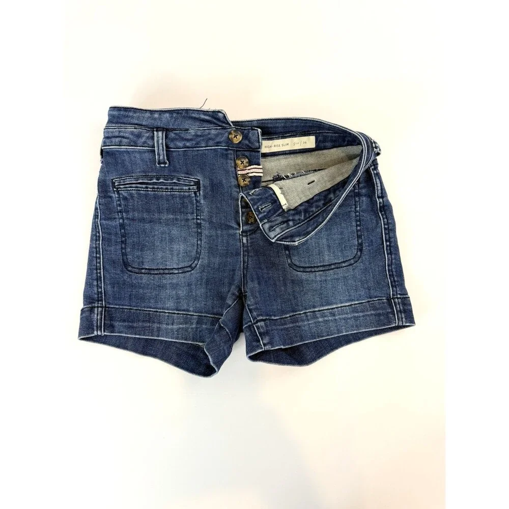 Pilcro Anthropologie High Rise Slim Denim Shorts Size 26 Button Fly Blue Wash - Picture 3 of 9